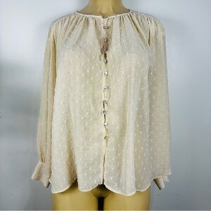 Zara Clip Dot Chiffon Top Sz M Long Sleeves Loose Cream Metallic